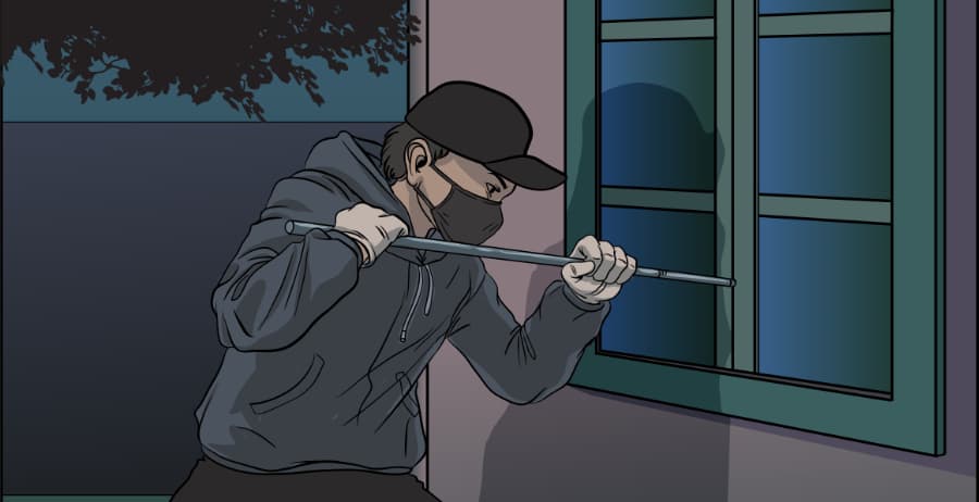 Illustration of burglar forcing entry through a window in Santa Clarita